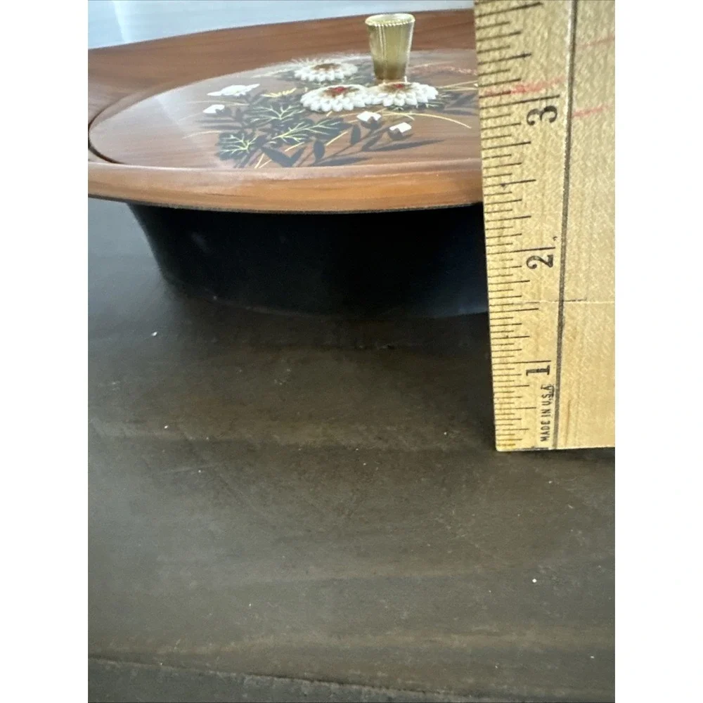 Vintage Westland Serving Dish Lacquered Black/Faux Wood Floral Raised Petals Lid